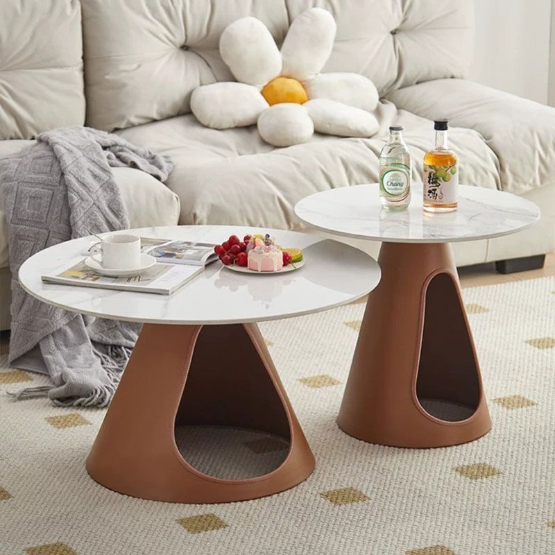 Modern Minimalist Round Stone Slab Iron Coffee Table 2-Tier For Living Room