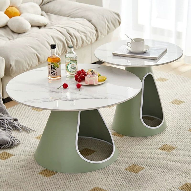 Modern Minimalist Round Stone Slab Iron Coffee Table 2-Tier For Living Room