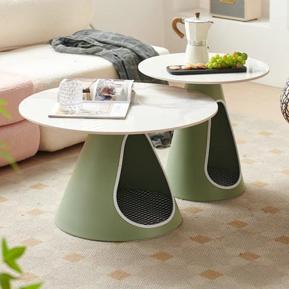 Modern Minimalist Round Stone Slab Iron Coffee Table 2-Tier For Living Room