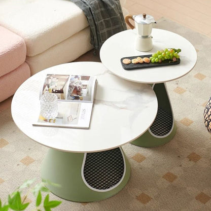 Modern Minimalist Round Stone Slab Iron Coffee Table 2-Tier For Living Room