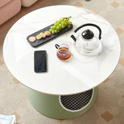 Modern Minimalist Round Stone Slab Iron Coffee Table 2-Tier For Living Room