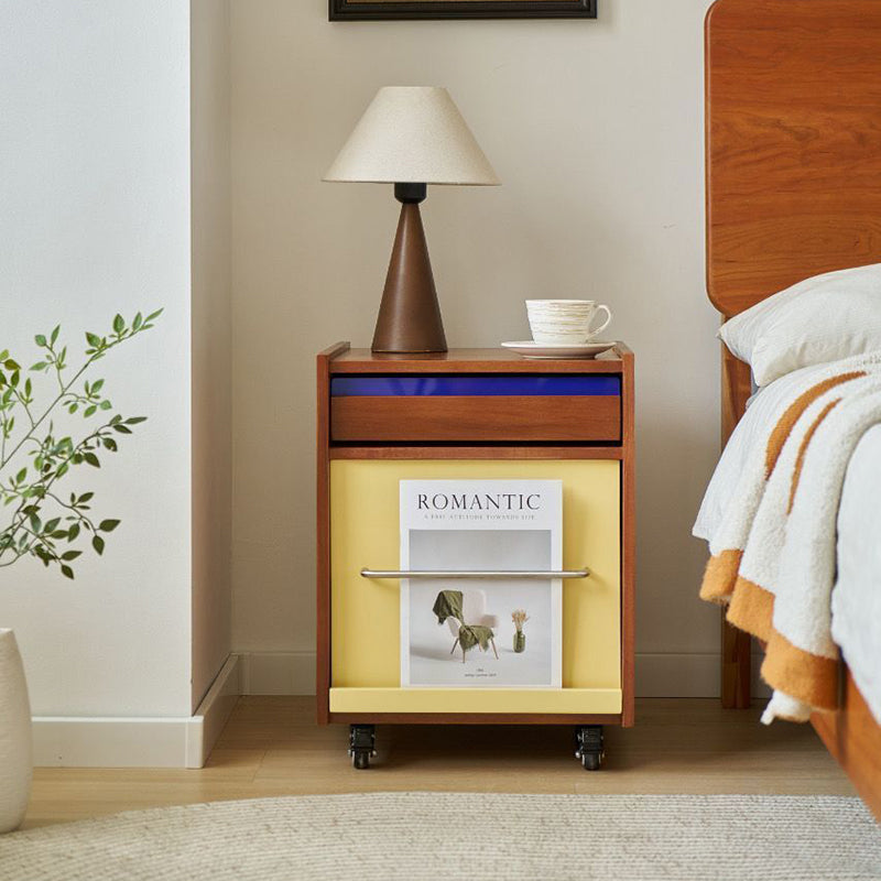 Traditional Vintage Rectangular Solid Wood Metal Nightstand 2-Drawer Movable For Bedroom