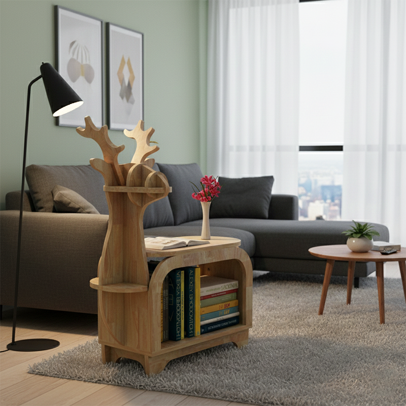 Modern Art Deco Reindeer-Shaped Solid Wood Multi-Layer Panel Bookshelves 2-Tier For Living Room
