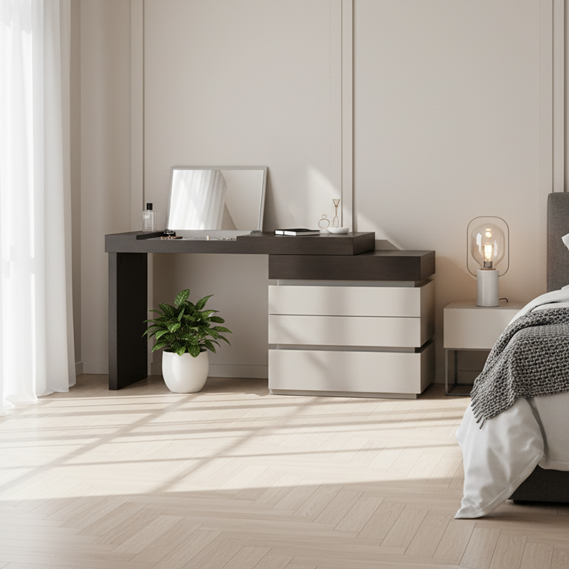 Modern Minimalist Rectangular Makeup Vanity - Multi-layer Solid Wood Board: Sturdy Load-Bearing, Eco-Friendly, Natural Clear Grain, Efficient Classified Storage, Space-Saving & Easy-Clean Surface For Living Room & Bedroom
