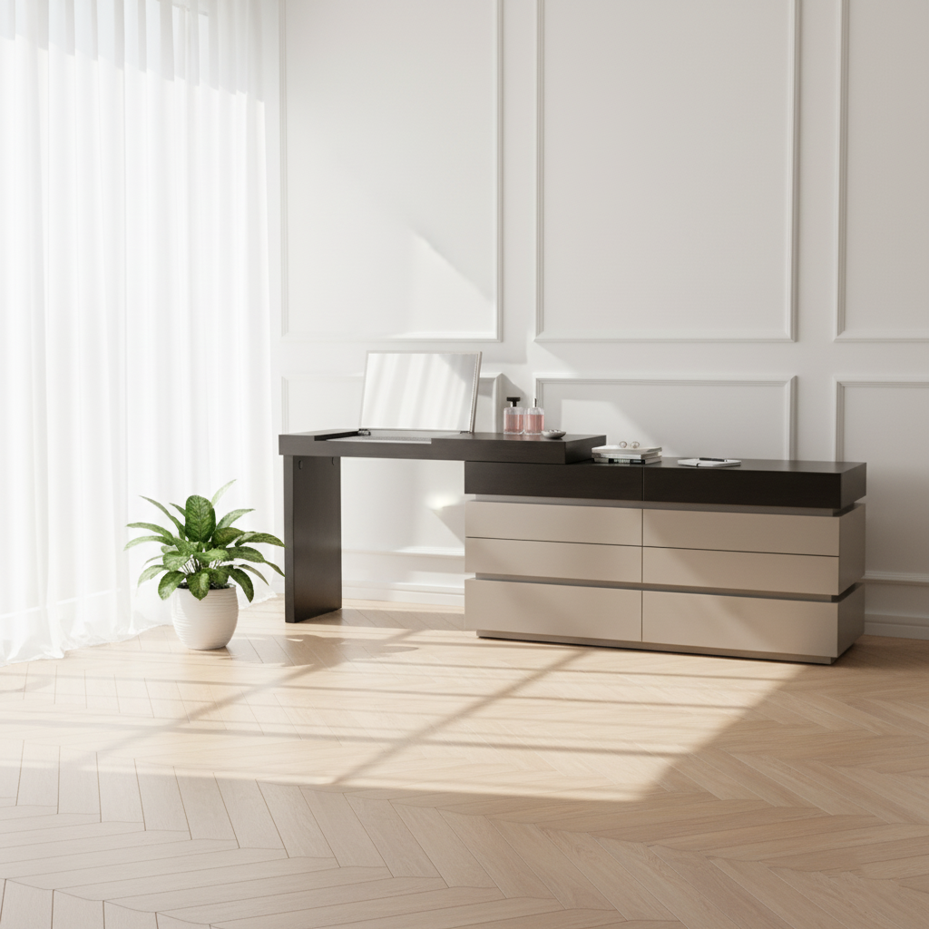 Modern Minimalist Rectangular Makeup Vanity - Multi-layer Solid Wood Board: Sturdy Load-Bearing, Eco-Friendly, Natural Clear Grain, Efficient Classified Storage, Space-Saving & Easy-Clean Surface For Living Room & Bedroom