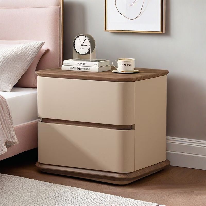 Contemporary Nordic Pine Wood Solid Wood Multi-layer Board Faux Leather Rectangular Nightstand With 2 Drawers For Bedroom