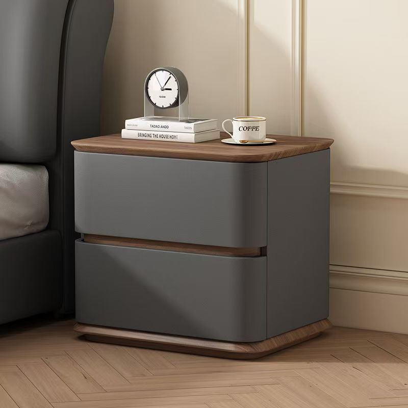 Contemporary Nordic Pine Wood Solid Wood Multi-layer Board Faux Leather Rectangular Nightstand With 2 Drawers For Bedroom