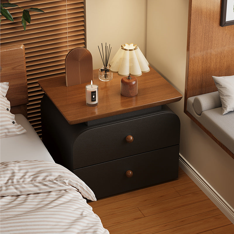 Contemporary Nordic Solid Wood Solid Wood Multi-layer Board Faux Leather Rectangular Nightstand With 2 Drawers For Bedroom