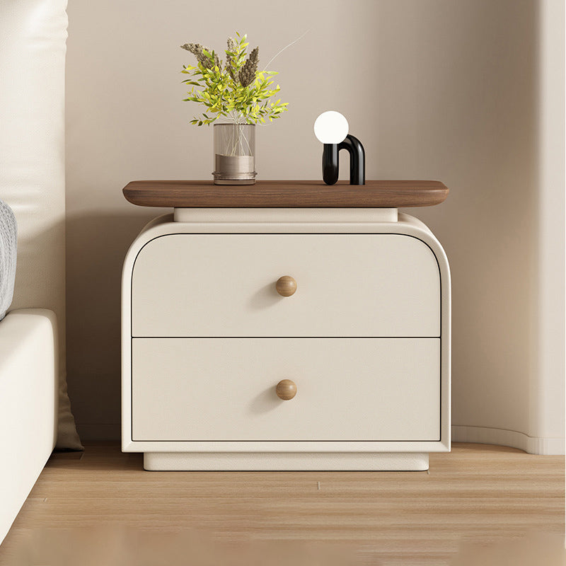 Contemporary Nordic Solid Wood Solid Wood Multi-layer Board Faux Leather Rectangular Nightstand With 2 Drawers For Bedroom