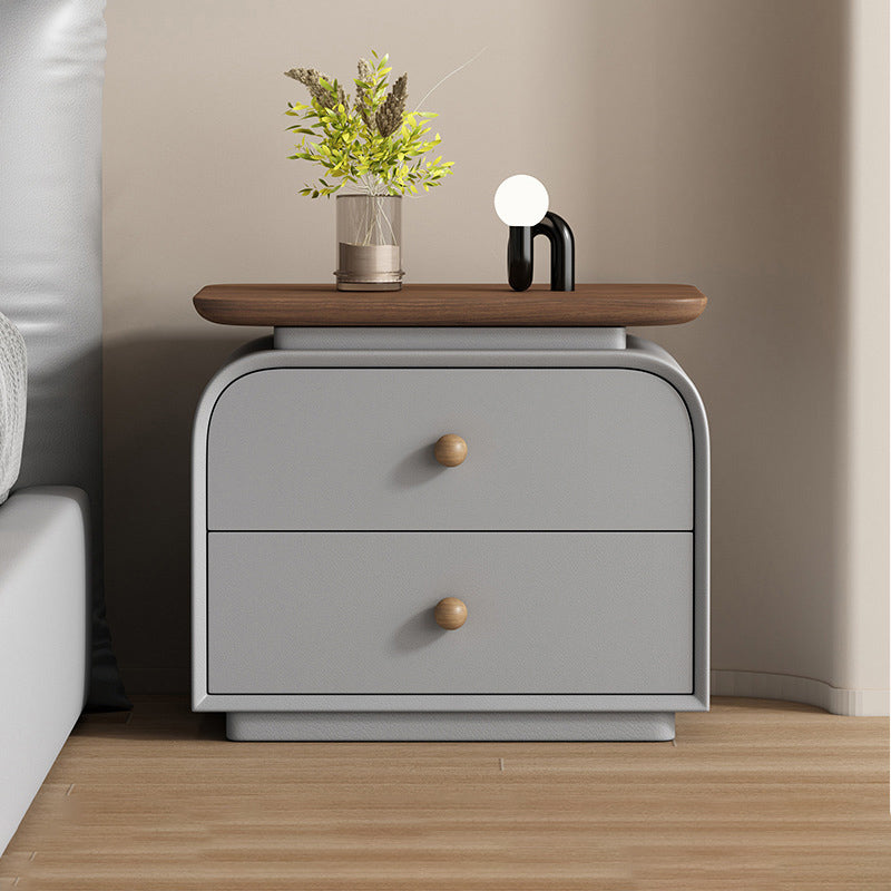 Contemporary Nordic Solid Wood Solid Wood Multi-layer Board Faux Leather Rectangular Nightstand With 2 Drawers For Bedroom