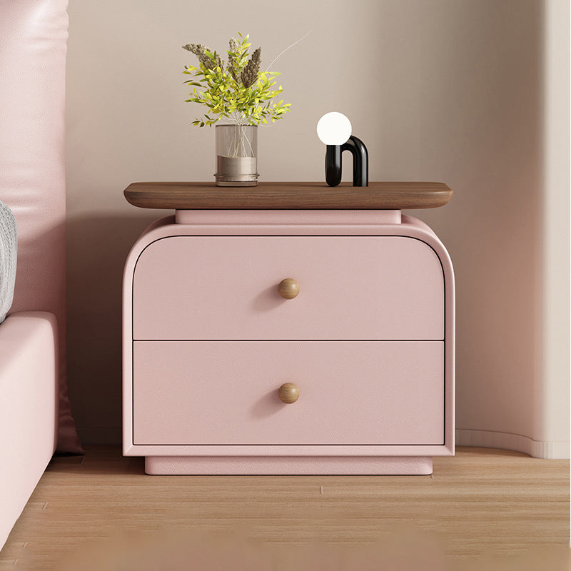 Contemporary Nordic Solid Wood Solid Wood Multi-layer Board Faux Leather Rectangular Nightstand With 2 Drawers For Bedroom