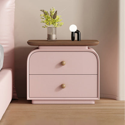 Contemporary Nordic Solid Wood Solid Wood Multi-layer Board Faux Leather Rectangular Nightstand With 2 Drawers For Bedroom