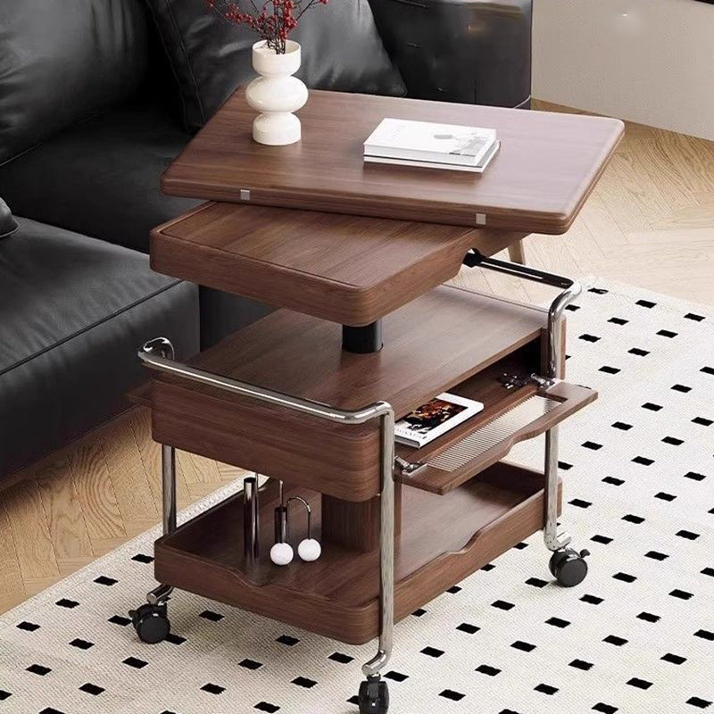 Modern Minimalist Rectangular Solid Wood Panel Stainless Steel Glass Height-Adjustable Expandable Movable Coffee Table 1-Cabinet For Living Room & Bedroom