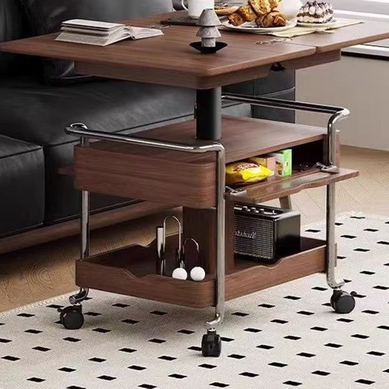 Modern Minimalist Rectangular Solid Wood Panel Stainless Steel Glass Height-Adjustable Expandable Movable Coffee Table 1-Cabinet For Living Room & Bedroom