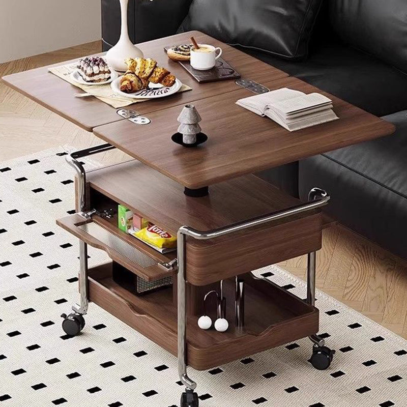 Modern Minimalist Rectangular Solid Wood Panel Stainless Steel Glass Height-Adjustable Expandable Movable Coffee Table 1-Cabinet For Living Room & Bedroom