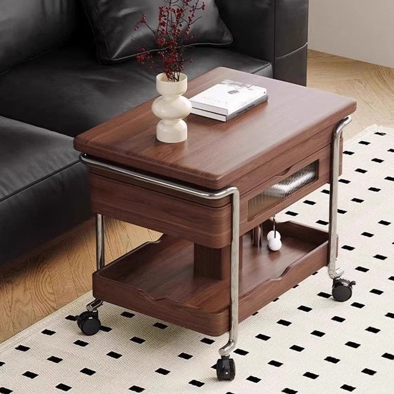 Modern Minimalist Rectangular Solid Wood Panel Stainless Steel Glass Height-Adjustable Expandable Movable Coffee Table 1-Cabinet For Living Room & Bedroom