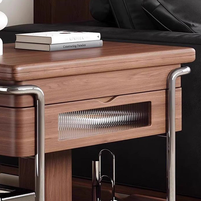 Modern Minimalist Rectangular Solid Wood Panel Stainless Steel Glass Height-Adjustable Expandable Movable Coffee Table 1-Cabinet For Living Room & Bedroom