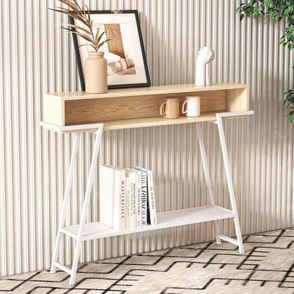 Modern Minimalist Solid Wood Iron Frame Rectangular Storage Console Table 3-Tier For Entryways