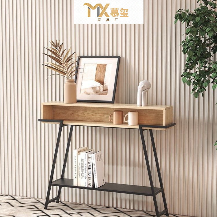Modern Minimalist Solid Wood Iron Frame Rectangular Storage Console Table 3-Tier For Entryways
