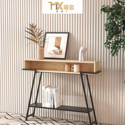 Modern Minimalist Solid Wood Iron Frame Rectangular Storage Console Table 3-Tier For Entryways
