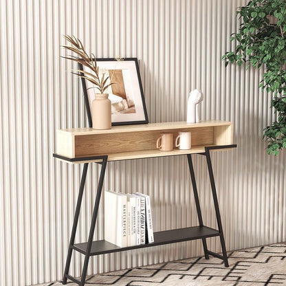 Modern Minimalist Solid Wood Iron Frame Rectangular Storage Console Table 3-Tier For Entryways