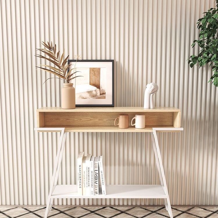 Modern Minimalist Solid Wood Iron Frame Rectangular Storage Console Table 3-Tier For Entryways