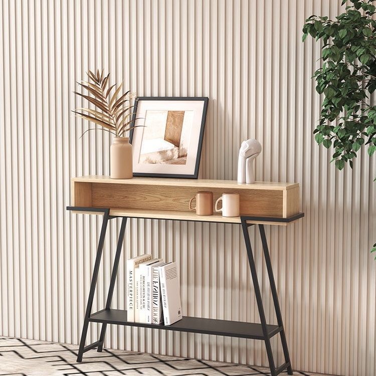 Modern Minimalist Solid Wood Iron Frame Rectangular Storage Console Table 3-Tier For Entryways