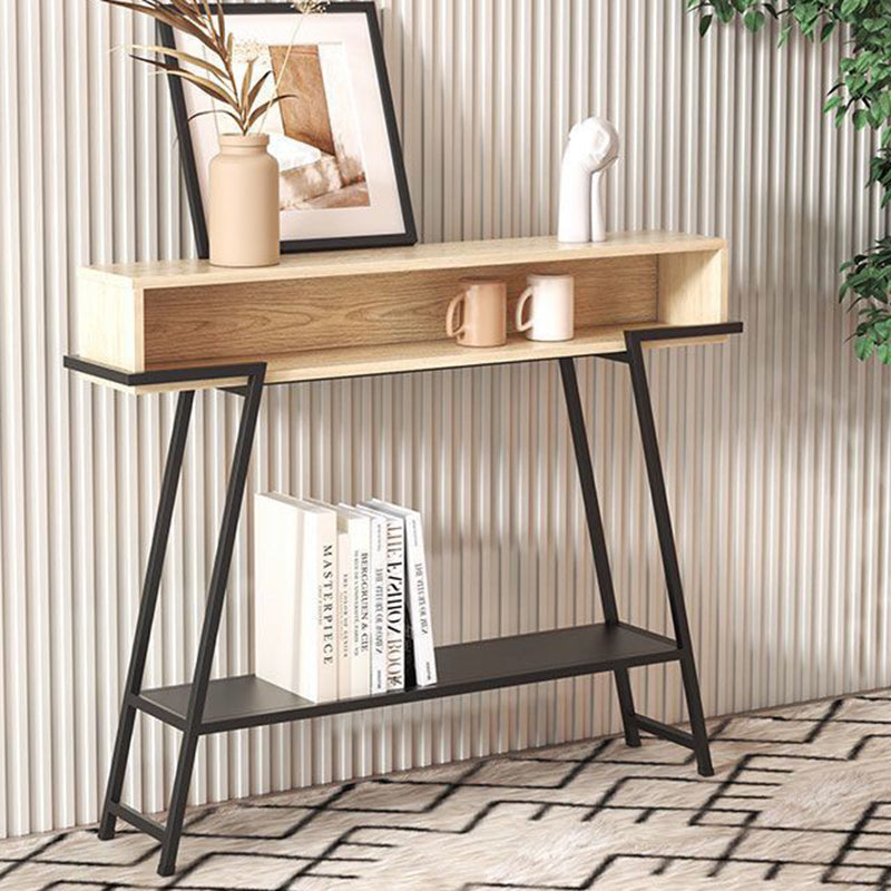 Modern Minimalist Solid Wood Iron Frame Rectangular Storage Console Table 3-Tier For Entryways