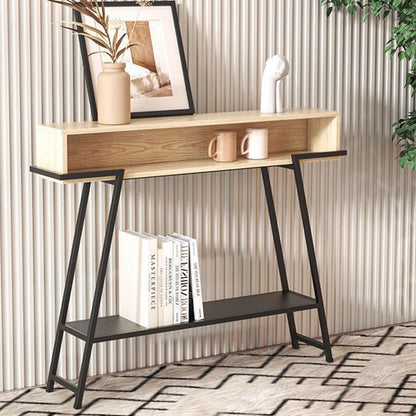 Modern Minimalist Solid Wood Iron Frame Rectangular Storage Console Table 3-Tier For Entryways