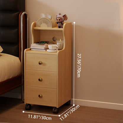 Traditional Vintage Rubberwood Rectangular Movable Nightstand With 3 Drawers Storage For Bedroom
