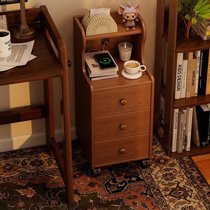 Traditional Vintage Rubberwood Rectangular Movable Nightstand With 3 Drawers Storage For Bedroom