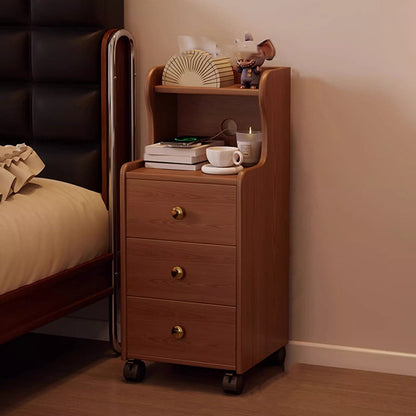 Traditional Vintage Rubberwood Rectangular Movable Nightstand With 3 Drawers Storage For Bedroom