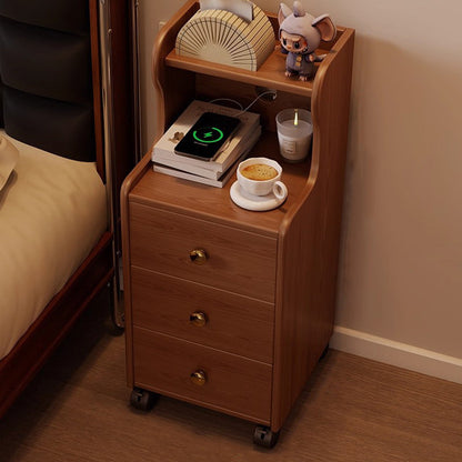 Traditional Vintage Rubberwood Rectangular Movable Nightstand With 3 Drawers Storage For Bedroom