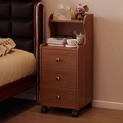 Traditional Vintage Rubberwood Rectangular Movable Nightstand With 3 Drawers Storage For Bedroom