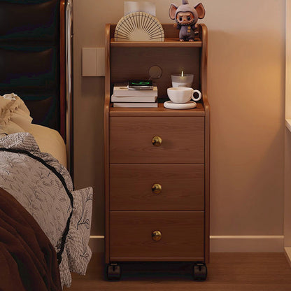 Traditional Vintage Rubberwood Rectangular Movable Nightstand With 3 Drawers Storage For Bedroom