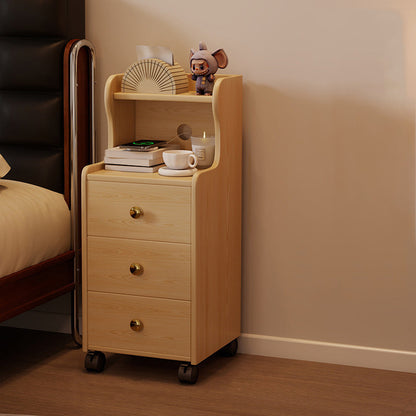 Traditional Vintage Rubberwood Rectangular Movable Nightstand With 3 Drawers Storage For Bedroom