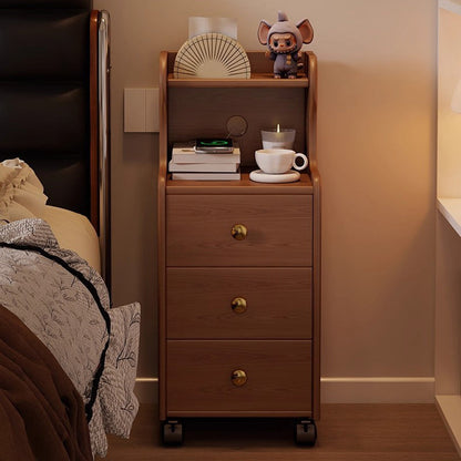 Traditional Vintage Rubberwood Rectangular Movable Nightstand With 3 Drawers Storage For Bedroom