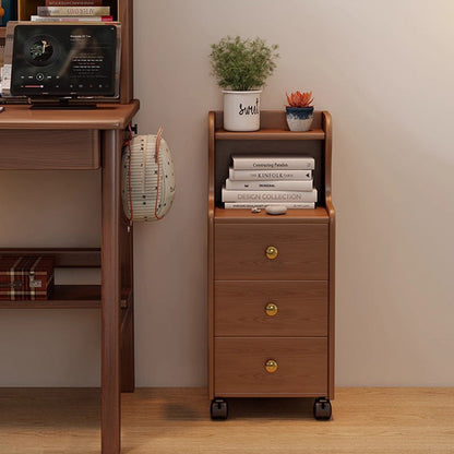 Traditional Vintage Rubberwood Rectangular Movable Nightstand With 3 Drawers Storage For Bedroom