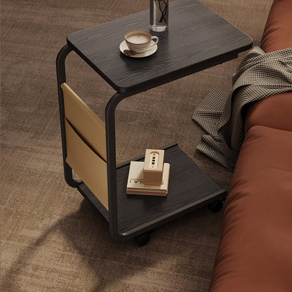 Modern Minimalist MDF Iron Fabric Rectangular Movable 2-Tier Side Table With Side Storage Pocket For Living Room & Bedroom