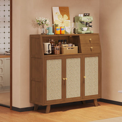 Traditional Japanese Nan Bamboo MDF Rectangular Storage Cabinet 3-Tier For Living Room