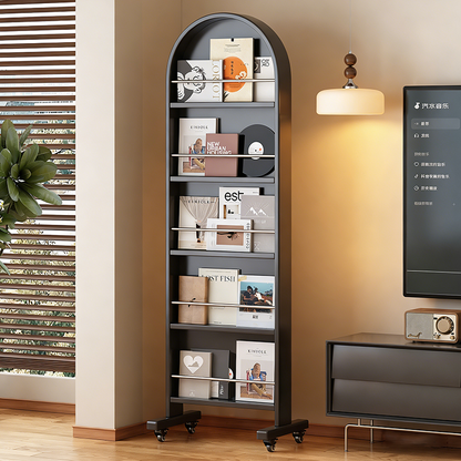 Contemporary Nordic Rubberwood Stainless Steel Glass Ellipse Full-Length Mirror Bookshelf 5-Tier Movable Rotating Storage Rack For Living Room