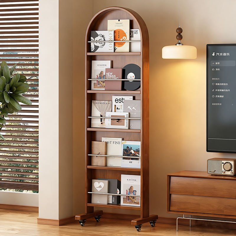 Contemporary Nordic Rubberwood Stainless Steel Glass Ellipse Full-Length Mirror Bookshelf 5-Tier Movable Rotating Storage Rack For Living Room