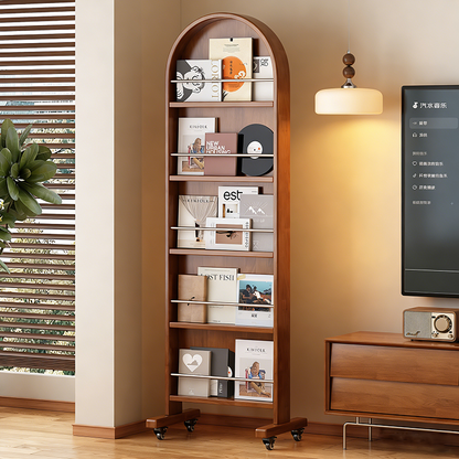 Contemporary Nordic Rubberwood Stainless Steel Glass Ellipse Full-Length Mirror Bookshelf 5-Tier Movable Rotating Storage Rack For Living Room