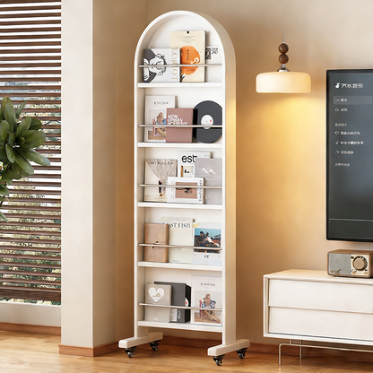 Contemporary Nordic Rubberwood Stainless Steel Glass Ellipse Full-Length Mirror Bookshelf 5-Tier Movable Rotating Storage Rack For Living Room
