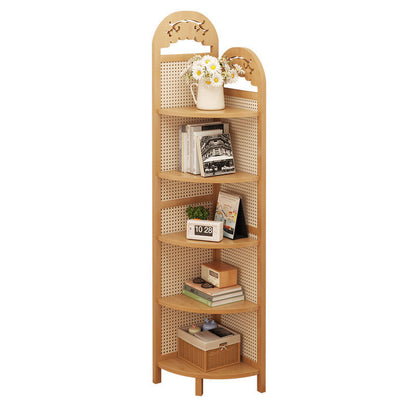 Modern Minimalist Nan Bamboo ABS Plastic Rattan Weaving Fan-shaped Corner Shelf Unit 5-Tier For Living Room