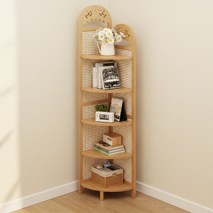Modern Minimalist Nan Bamboo ABS Plastic Rattan Weaving Fan-shaped Corner Shelf Unit 5-Tier For Living Room
