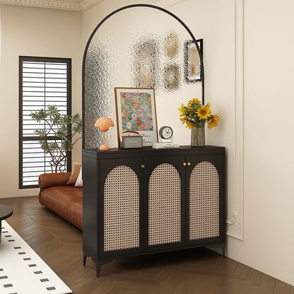 Modern Mid-Century Solid Wood Eco Board Faux Rattan Stainless Steel Glass Rectangular Weaving Shoe Storage 3-Tier For Entryway