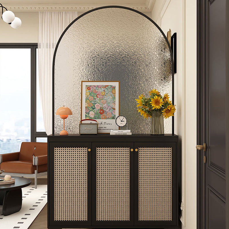 Modern Mid-Century Solid Wood Eco Board Faux Rattan Stainless Steel Glass Rectangular Weaving Shoe Storage 3-Tier For Entryway