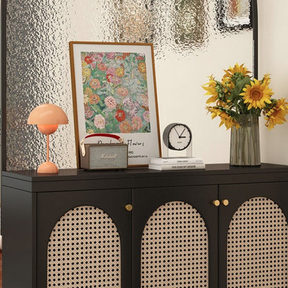 Modern Mid-Century Solid Wood Eco Board Faux Rattan Stainless Steel Glass Rectangular Weaving Shoe Storage 3-Tier For Entryway
