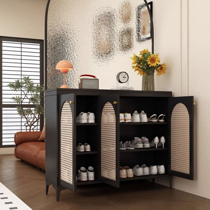 Modern Mid-Century Solid Wood Eco Board Faux Rattan Stainless Steel Glass Rectangular Weaving Shoe Storage 3-Tier For Entryway